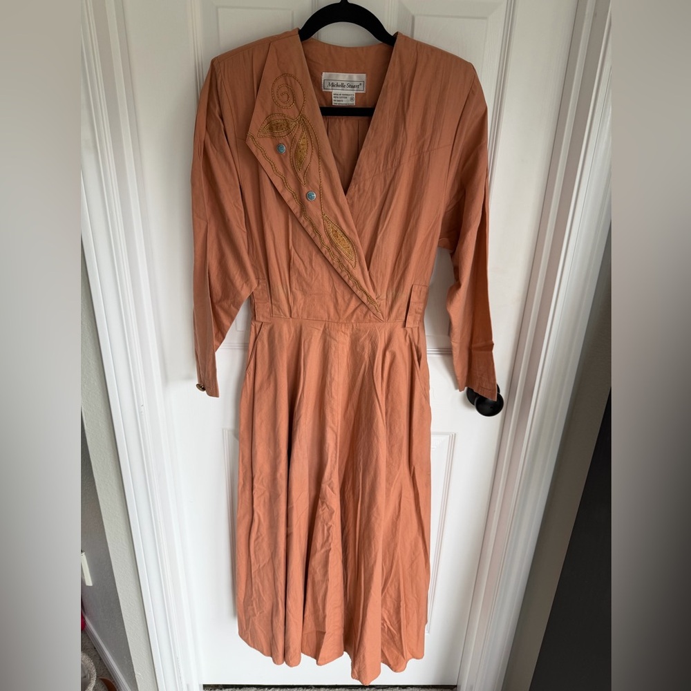 Vintage Michelle Stuart Coral Dress with Embroidered Detail